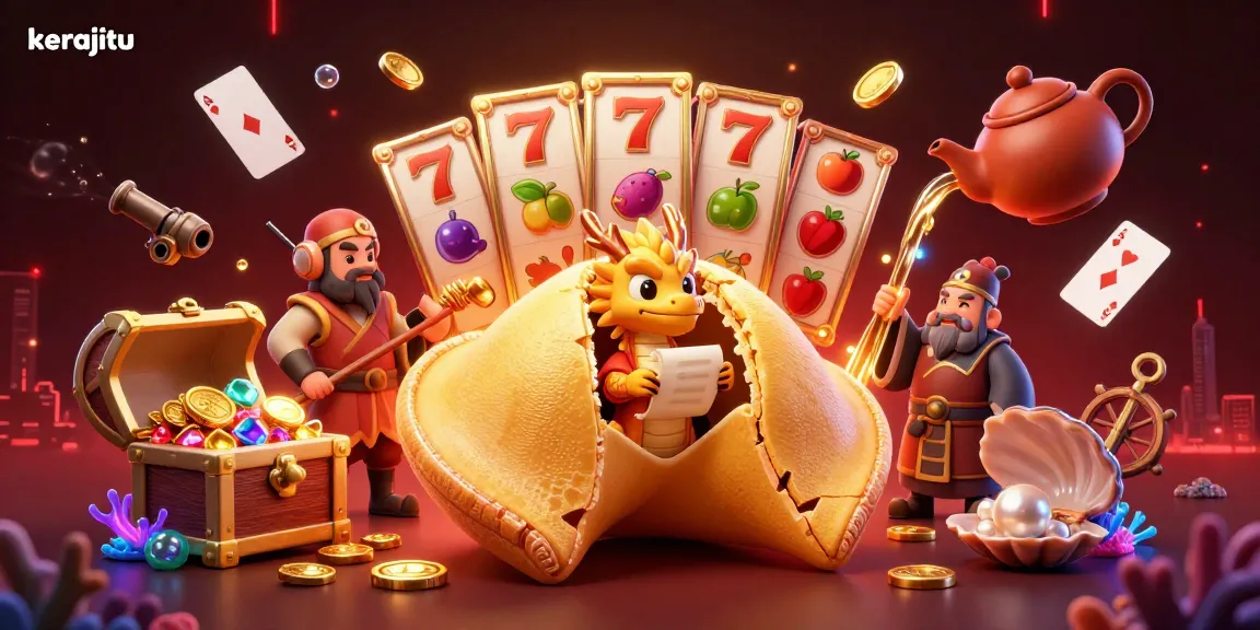 Bet big with kerajitu in a colorful 3D scene showcasing a giant golden fortune cookie and slot machines.