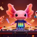 Engage in sports betting with situs judi bola featuring a neon axolotl DJ and animated beach creatures.