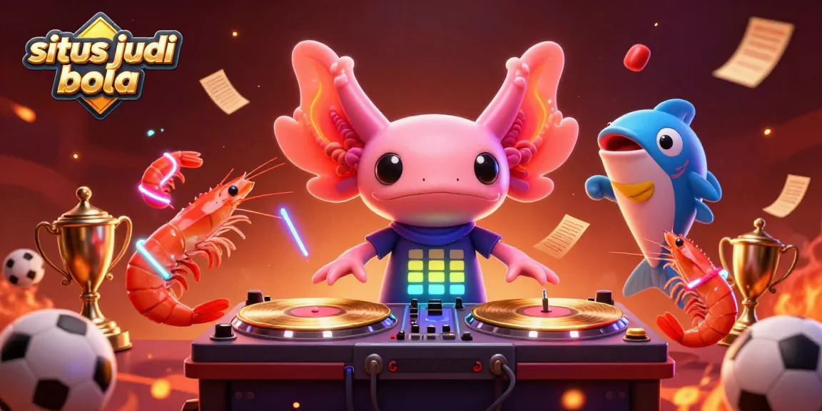 Engage in sports betting with situs judi bola featuring a neon axolotl DJ and animated beach creatures.
