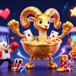 BTV168 brings vibrant casino energy with a golden ramen bowl dealer, sushi roll, and neon arcade elements.