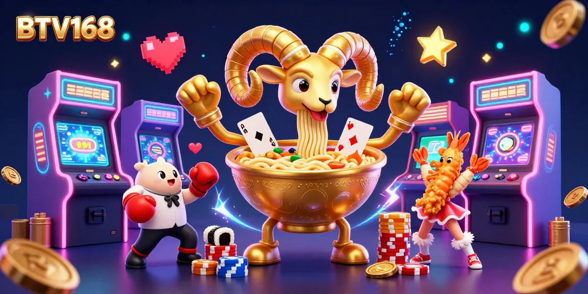 BTV168 brings vibrant casino energy with a golden ramen bowl dealer, sushi roll, and neon arcade elements.