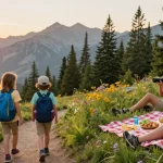 A family adventure exploring nature with mantra88 at a scenic mountain location during sunset.