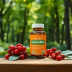 Showcase clean astaxanthin supplement surrounded by nature-inspired elements for health appeal.