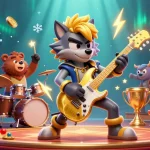 Jouer au casino en ligne avec un loup rock star et un ours batteur sur scène, entouré de machines à sous.