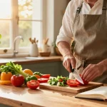 Home cook preparing a vibrant salad, inviting kitchen scene—click here for fresh culinary inspiration