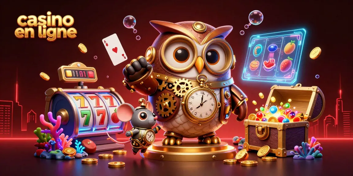 Plongée dans l'univers magique du casino en ligne avec un hibou explorateur et une souris, entourés d'éléments captivants.