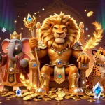 Le casino en ligne avec un roi lion majestueux et un éléphant sage, entourés d'éléments de jeu dynamiques.