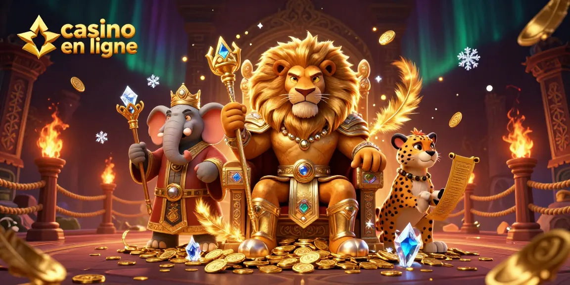 Le casino en ligne avec un roi lion majestueux et un éléphant sage, entourés d'éléments de jeu dynamiques.