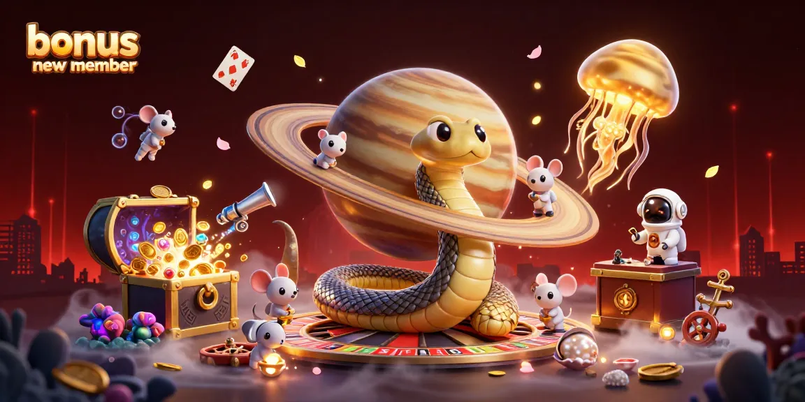 Engaging casino scene featuring a bonus new member theme with elements like roulette, space, and bets.