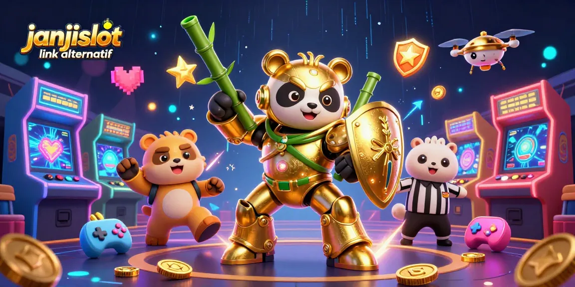 Engage in the vibrant action of janjislot link alternatif, featuring a mech-suit panda amidst colorful gaming elements.