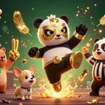 Vivez l'action d'un casino en ligne avec un panda lutteur et un chihuahua arbitre comptant des gains.