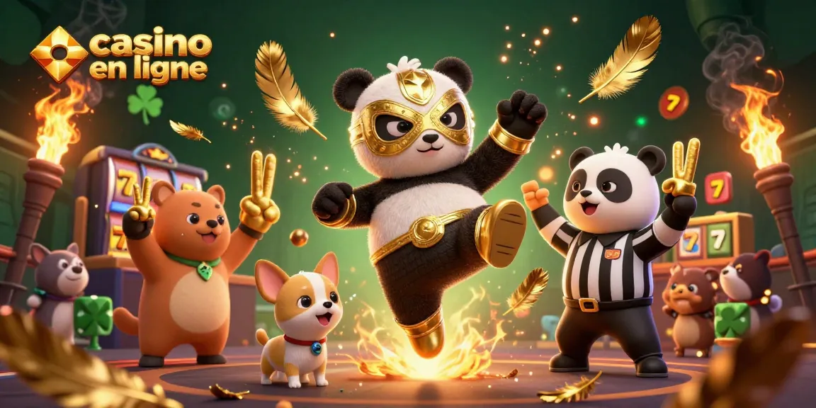 Vivez l'action d'un casino en ligne avec un panda lutteur et un chihuahua arbitre comptant des gains.