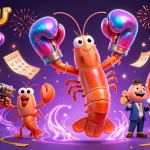 カジノアプリで楽しく賭けるためのカラフルなロトボールとビンゴカードを持つキャラクターたちのシーン