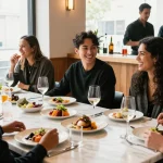 Diverse friends savoring gourmet dishes at TrestleOnTenth, showcasing Sydney303 culinary excellence.
