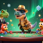 Illustration dynamique d'un casino en ligne avec un velociraptor, un pit boss stégosaure et un compy.