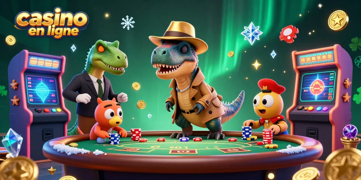 Illustration dynamique d'un casino en ligne avec un velociraptor, un pit boss stégosaure et un compy.