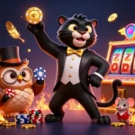 Experience thrilling gameplay at kaptenjackpot with a stylish panther dealing slot reels amidst golden tokens.