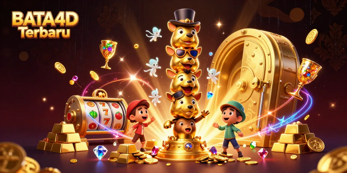 BATA4D Terbaru showcases a vibrant 3D totem surrounded by casino treasures and gaming symbols during a thrilling jackpot.