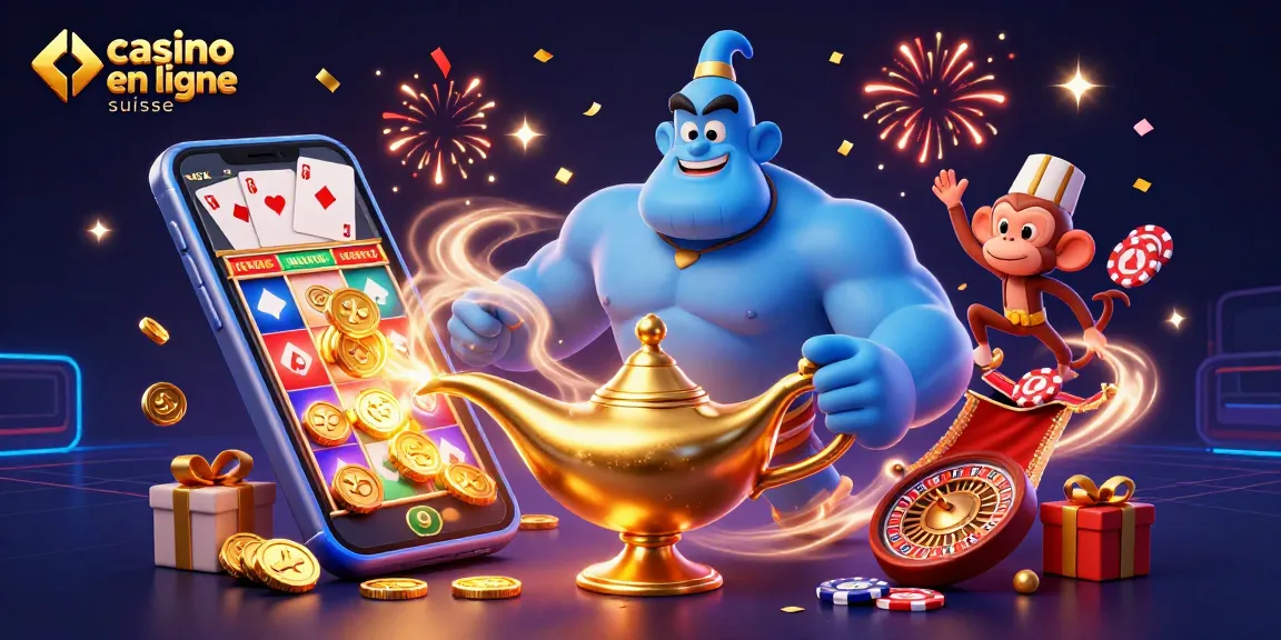 Illustration 3D animée d'un génie et d'un singe sur un tapis volant pour casino en ligne suisse.