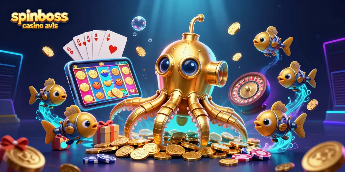 Spinboss casino avis : illustration d'une exploration sous-marine avec un kraken et jeux de casino.