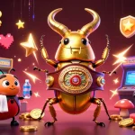 Une scène dynamique avec un scarabée doré de casino en ligne affrontant ses concurrents dans un ring de jeu.