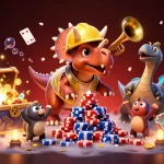 Experience thrilling moments with Mahjong Titans as vibrant cartoon dinosaurs celebrate with poker chips.