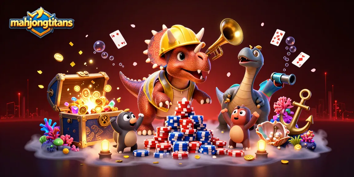 Experience thrilling moments with Mahjong Titans as vibrant cartoon dinosaurs celebrate with poker chips.