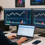 Trader analyzing NAGA2000 market trends on multiple screens in a modern office.