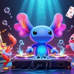 Casino en ligne : Illustration dynamique de l'axolotl DJ et de ses compagnons dans un monde aquatique.