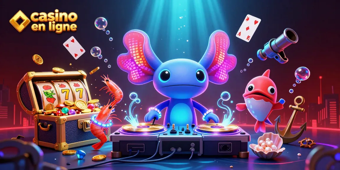 Casino en ligne : Illustration dynamique de l'axolotl DJ et de ses compagnons dans un monde aquatique.