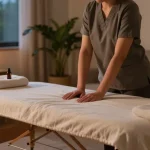안양출장마사지 home service setup with therapist preparing for client relaxations in a tranquil setting.
