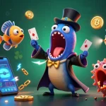 Gambar kuy138 yang menggambarkan ikan gulper 3D yang memukau dengan trik kartu bertema kasino dan elemen crypto yang meriah.