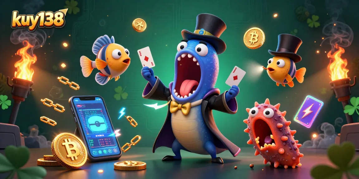 Gambar kuy138 yang menggambarkan ikan gulper 3D yang memukau dengan trik kartu bertema kasino dan elemen crypto yang meriah.
