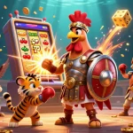 Visualisasi situs toto dengan ayam jantan bergaya gladiator, mesin slot, dan elemen kasino berwarna-warni