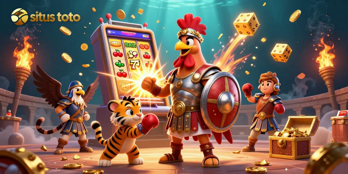Visualisasi situs toto dengan ayam jantan bergaya gladiator, mesin slot, dan elemen kasino berwarna-warni