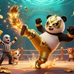 Illustration dynamique d'un panda lutteur dans un casino en ligne, entouré de spectateurs animaux et éléments de jeu.