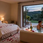 Enjoying a romantic evening in a jacuzzi privatif Toulouse, surrounded by candlelight and cozy ambiance.