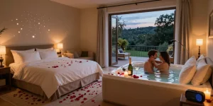 Enjoying a romantic evening in a jacuzzi privatif Toulouse, surrounded by candlelight and cozy ambiance.