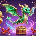 Découvrez l'univers captivant du casino en ligne avec un dragon marin et des éléments de loterie colorés.
