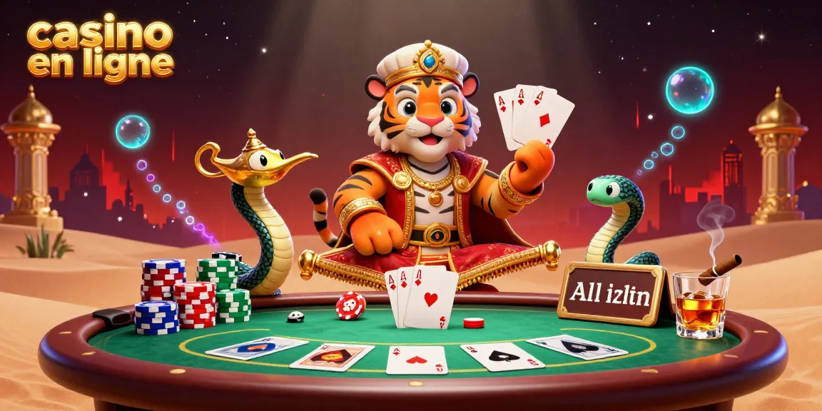 Explorez les jeux captivants de casino en ligne avec un tigre sultan et des éléments de poker colorés.