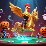 BTV168 celebrates a vibrant casino scene with a golden rooster riding through a poker night.