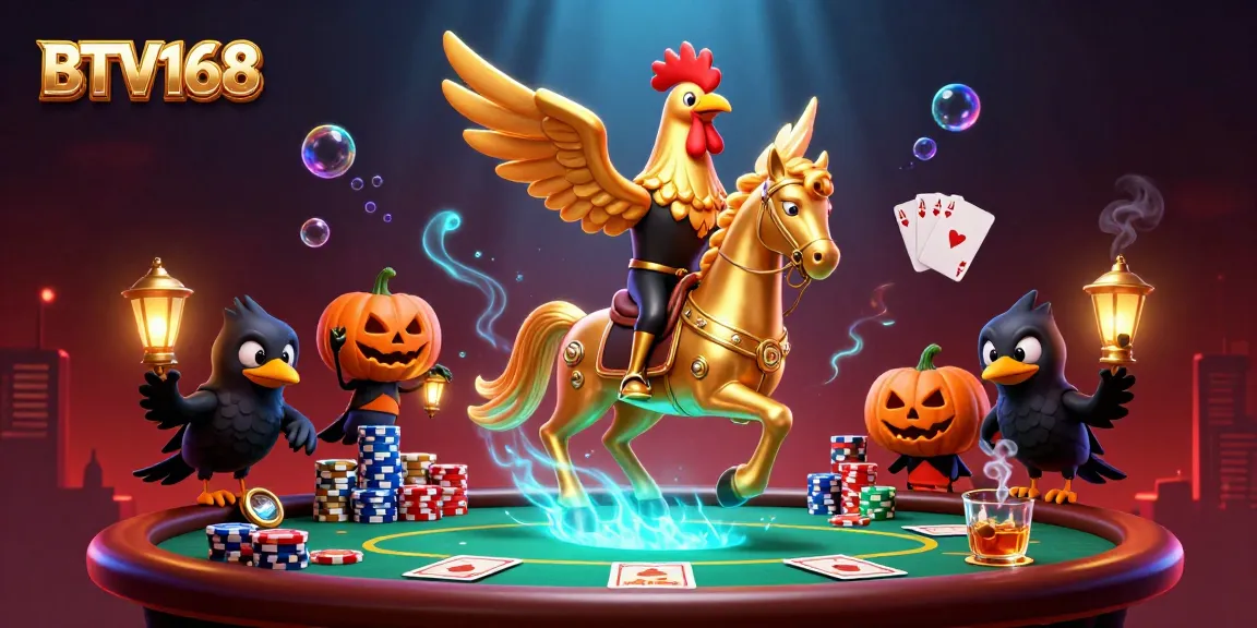 BTV168 celebrates a vibrant casino scene with a golden rooster riding through a poker night.