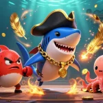 Plongez dans l'univers du casino en ligne avec cette illustration dynamique d'un requin pirate, un poisson-globe et une pieuvre, entourés de pièces d'or.