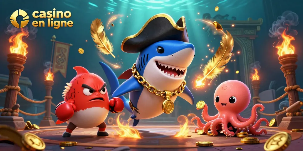 Plongez dans l'univers du casino en ligne avec cette illustration dynamique d'un requin pirate, un poisson-globe et une pieuvre, entourés de pièces d'or.