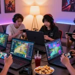 Intense MANTRA88 online gaming competition with diverse players in a modern setting, showcasing mobile devices and vibrant game graphics.
