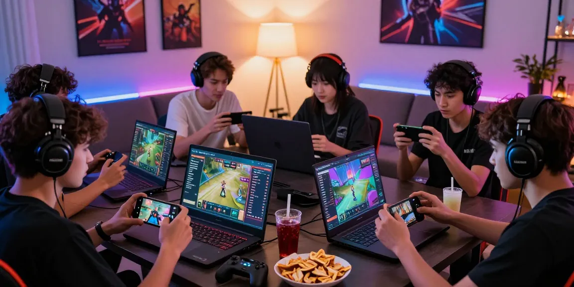 Intense MANTRA88 online gaming competition with diverse players in a modern setting, showcasing mobile devices and vibrant game graphics.