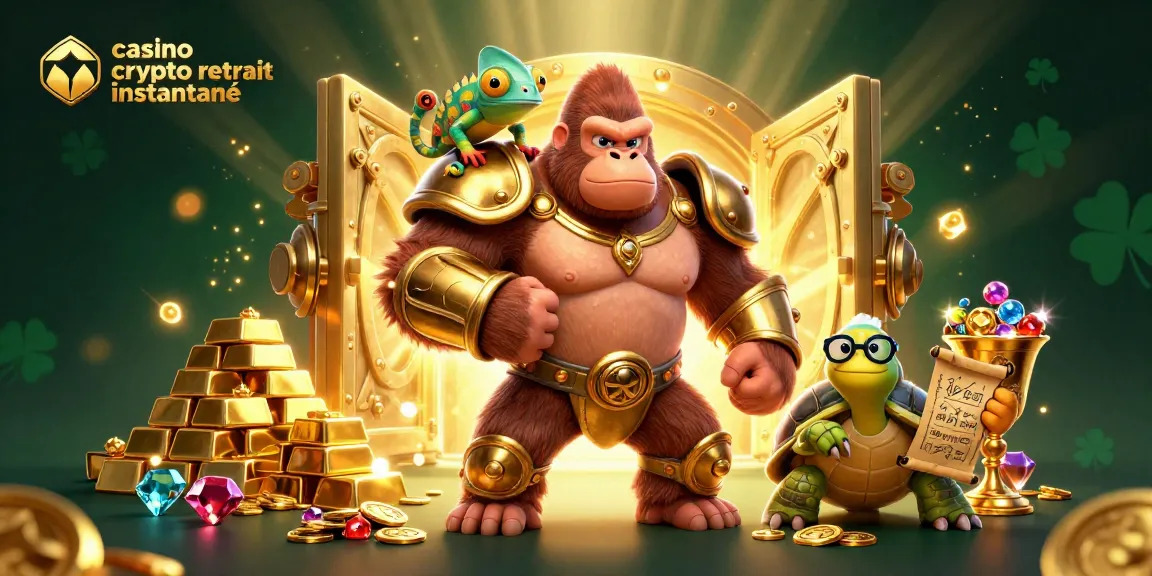 Retrouvez le meilleur casino crypto retrait instantané avec un roi gorille en armure dorée et des personnages fascinants.