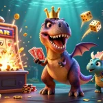 Engaging mm88 scene with a T-Rex card dealer, pterodactyl assistant, and triceratops stacking chips.
