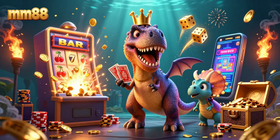 Engaging mm88 scene with a T-Rex card dealer, pterodactyl assistant, and triceratops stacking chips.