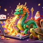 Excitez vos gains avec casino en ligne retrait instantané et une illustration dynamique mettant en scène un dragon et des symboles de jeu.